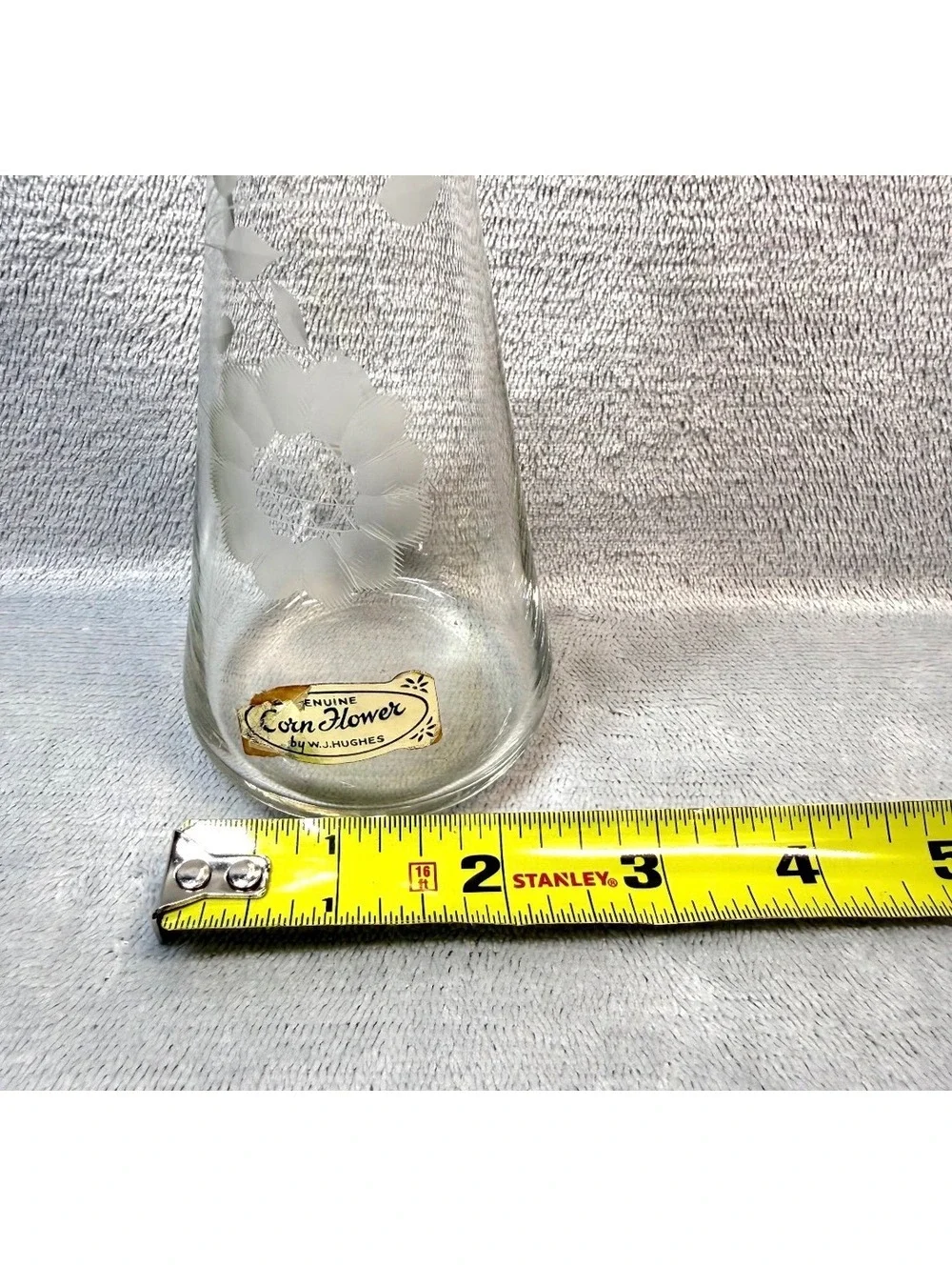 Vintage Hughes Corn Flower Glass Bud Vase with Original Foil Sticker - 8 Inch